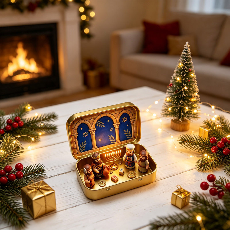 Décoration de Noël : Petite crèche de Noël dans une boîte en métal, mini figurines de la Sainte Famille, décoration religieuse, cadeau pour la famille