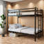 Lits superposés métalliques gain de place avec échelle et barrière de sécurité, deux lits simples superposés, style moderne-1022999694