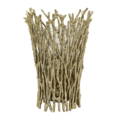 Porte-bougie Mandy Mabrey, détails de branches, métal doré, verre noir 13 po