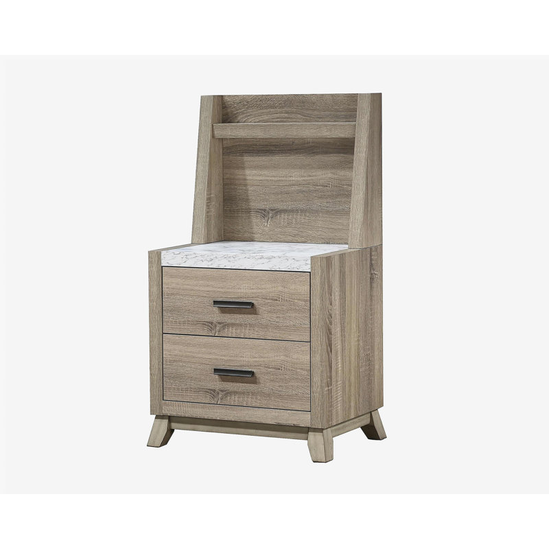 1pièce table de chevet contemporaine transitionnelle à panneau mural brun naturel avec dessus en pierre et armoire lumineuse latérale à DEL