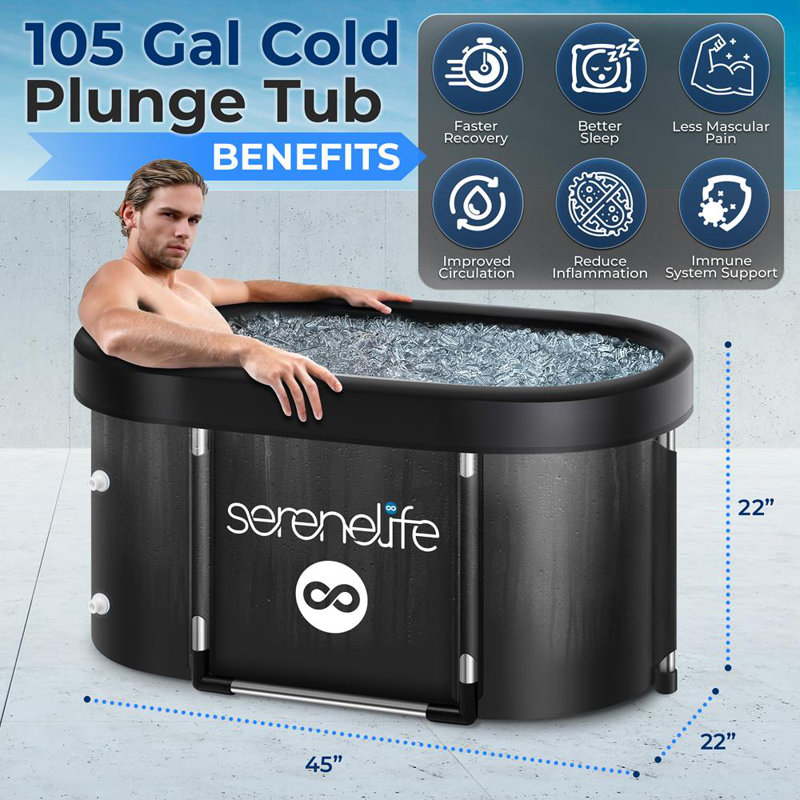 Serenelife 105 Gallon Insulated Oval Ice Bath Tub For Athletes, One Person Cold Plunge Therapy Recovery Pod For Recovery, Multi Layered With Aluminum Frame, Portable For Indoor Outdoor, Home, Gym Use