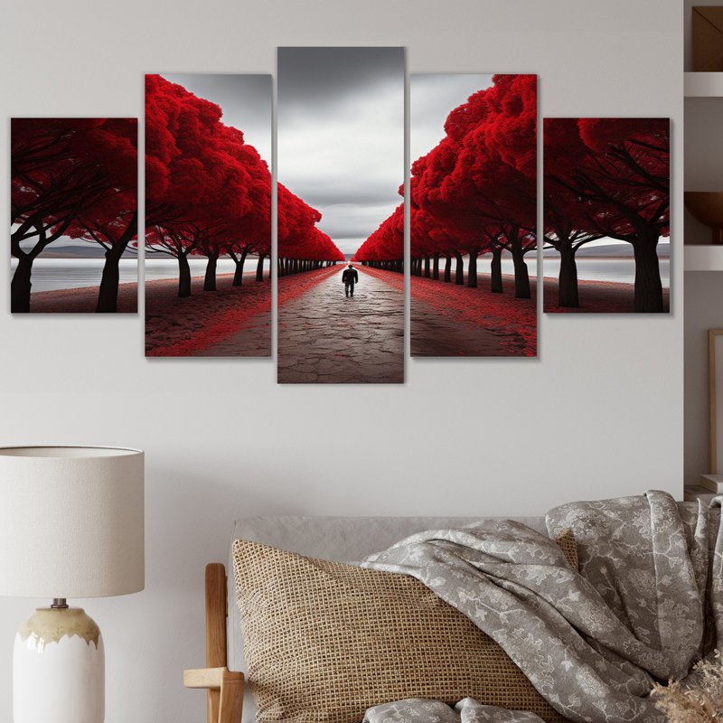 Décoration murale arbre rouge et gris Solitude II - paysage arbres - 5 panneaux