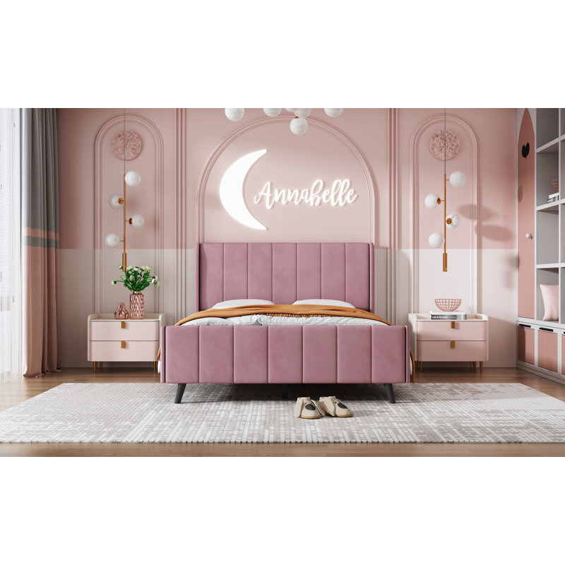 Lit plateforme tapissier, velours, Rose, Lit double