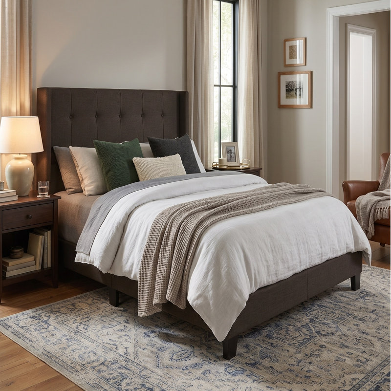 Arki Upholstered Linen Wingback Bed, Queen, Brown