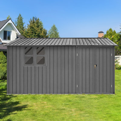 12X10 Ft Metal Garden Sheds Outdoor Storage Sheds Grey With Window With Goods Shelves