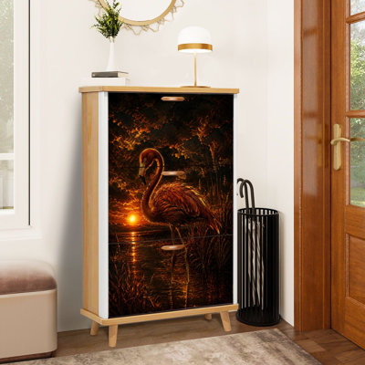 Minimalist Flamingo Sunset Glow Dramatic Sky Reflective Water Shoe Storage Cabinet with 3 Flip Drawers Freestanding Shoe Rack Organizer Space Saving Footwear Storage Furniture for Entryway Hallway Bedroom Small Apartment Home Use