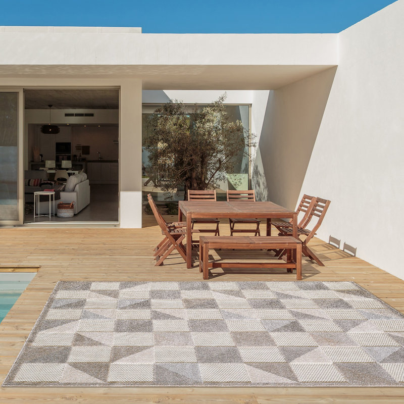 Tapis extérieur gris à motif géométrique 3 pi x 5 pi résistant aux taches