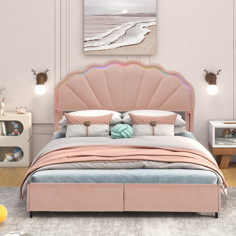Structure de lit double pleine grandeur à DEL intelligente avec 2 tiroirs de rangement et tête de lit à deux pétales chic, lit plateforme avec lumière DEL intelligente pour les filles, aucun sommier nécessaire, rose