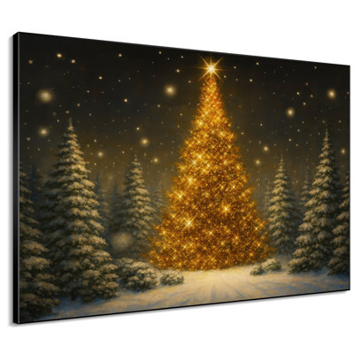 Très grand art mural imprimé sur toile - Arbre de Noël doré brillant, décoration de salon d'hiver - «Assemblage requis du cadre (cadre non fini)»