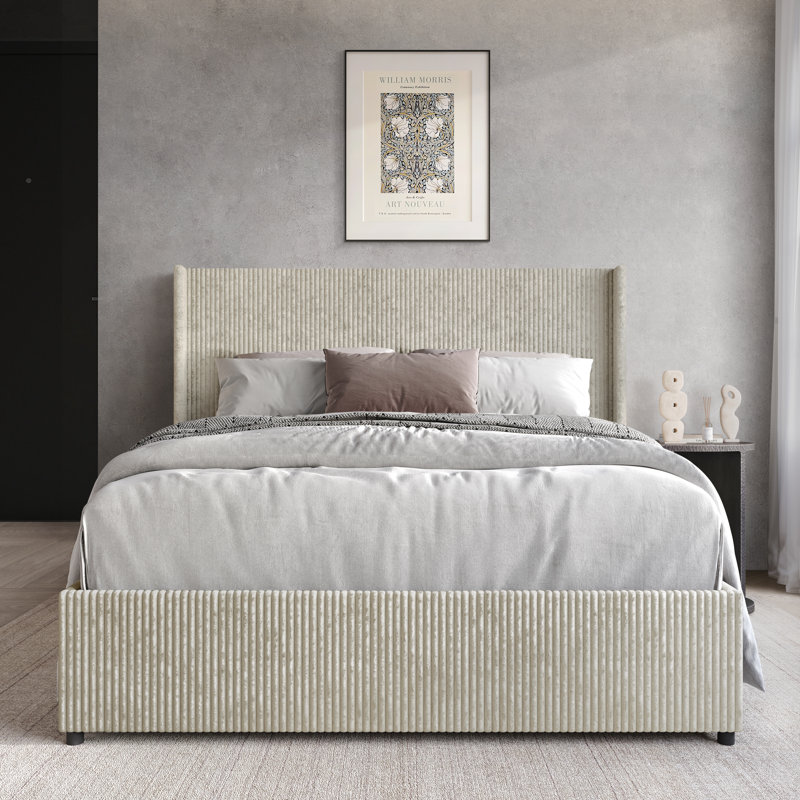 QUEEN SIZE WINGBACK PLATFORM LIFT UP STORAGE BED IN BEIGE VELVET, BEIGE, QUEEN