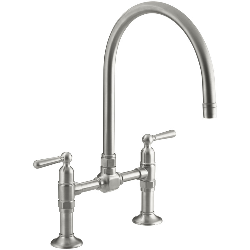 HiRise Two-Hole Deck-Mount Bridge Kitchen Sink Faucet with 10-1/4" Gooseneck Spout and Lever Handles, Brushed Stainless
