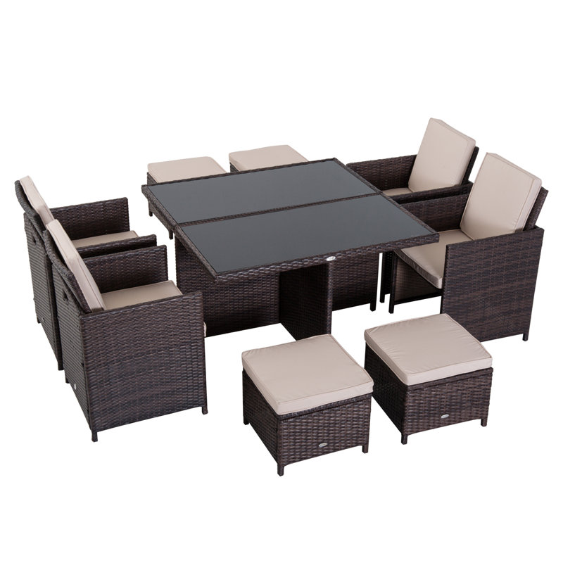 Ingalill 8 - Person Wicker Patio Dining Set with Square Table , Cushions Included, Brown