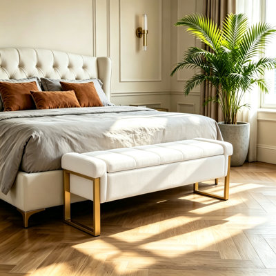 55" Storage Bench for Bedroom, Modern Tufted End of Bed Bench for King Size Bed, Upholstered Long Ottoman Bench with Gold Legs for Living Room/Entryway