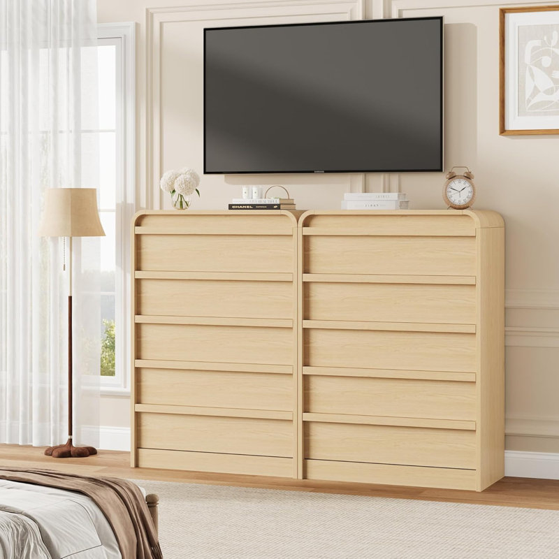 Arched 5 Drawer Wood Dresser with Curved Profile, Modern Storage Chest, Natural
