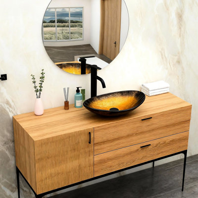 Magnifique lavabo de salle de bain en verre trempé veiné or, avec bonde intégrée pour l'écoulement de l'eau, 48,2 x 30,5 cm (18,99 x 12 pouces). Vasque élégante en forme de bateau avec bonde noire, idéale pour les toilettes.
