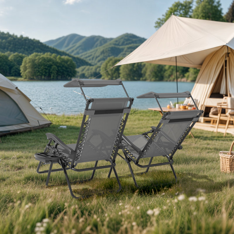 Mobarkar Outdoor Folding Zero Gravity Recliner Lounge Chairs with Adjustable Canopy Shade, Headrest, Grey