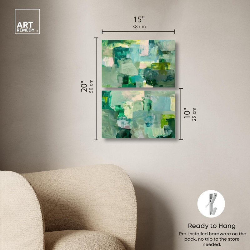 Ensemble de 2 toiles fraîches et vertes par Art Remedy, H 10 po x l 15 po, Toile tendue