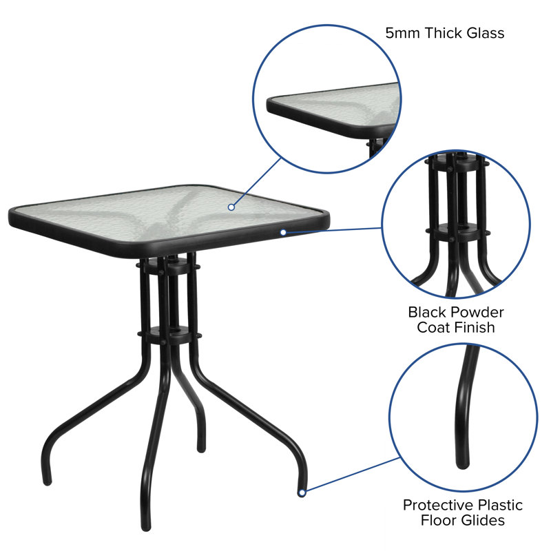 Amlie Square Tempered Glass Metal Table with Smooth Ripple Design Top, 28" H x 23.5" W x 23.5" D, Clear/Black