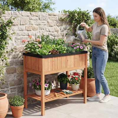 Gymax Wooden Raised Garden Bed w/ Legs Liner Storage Shelf Large Planter Box for Herb