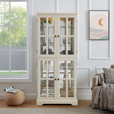 Curio Display Cabinet,Antique Display Cabinet With Glass Doors Adjustable Shelves For Collectibles Four Door Design Vintage Showcase For Home Or Office Antique Display Case E26 Bulb Included  WHI