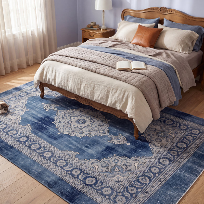 Tapis Summit Traditional Medallion de style persan, bleu, gris et crème, lavable en machine, antidérapant, à poils courts, pour l'intérieur et l'extérieur, adapté aux animaux domestiques, idéal pour le salon, la chambre, la salle à manger, l'entrée, le couloir ou le bureau.