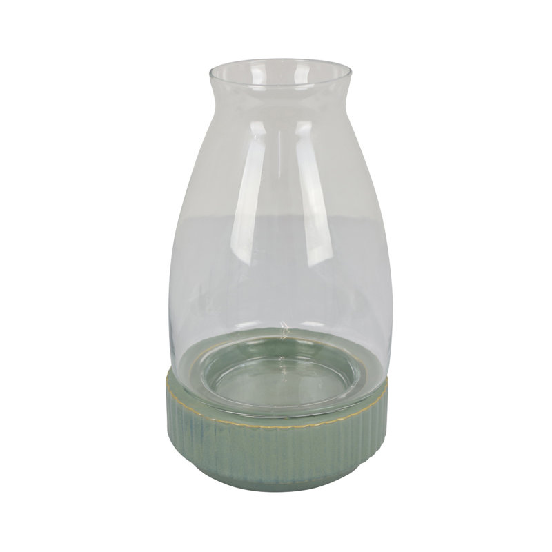 Vase Ahna moderne avec base en céramique nervurée verte, verre transparent 16 pouces