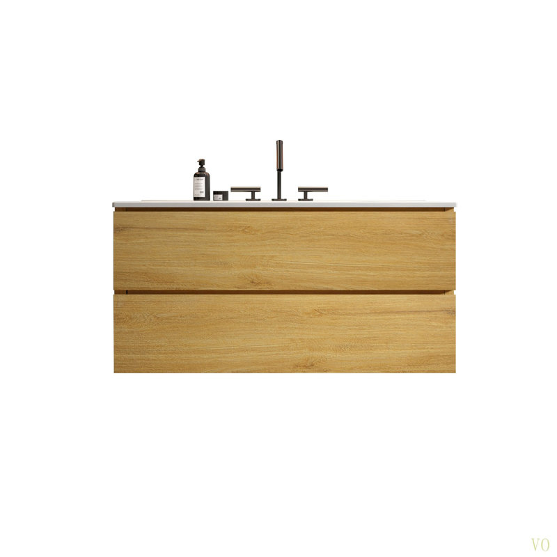 Meuble-lavabo mural 36 po avec lavabo en céramique avec trois trous de robinet, grand meuble-lavabo flottant de rangement pour salle de bain moderne, pré-assemblé