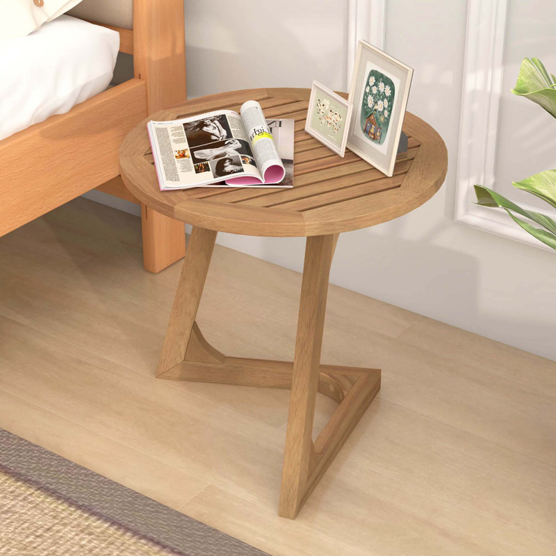 2 PCS Teak Wood Side Table Round Sofa End Table with Slatted Tabletop Nightstand