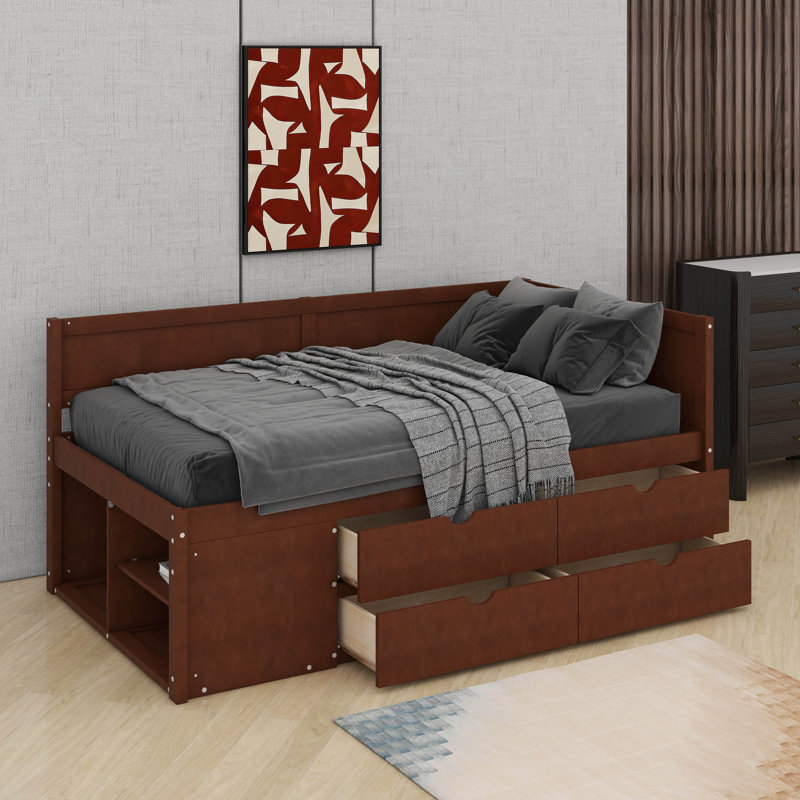 Twin Size Daybed With Drawers And Shelves, Walnut, Twin