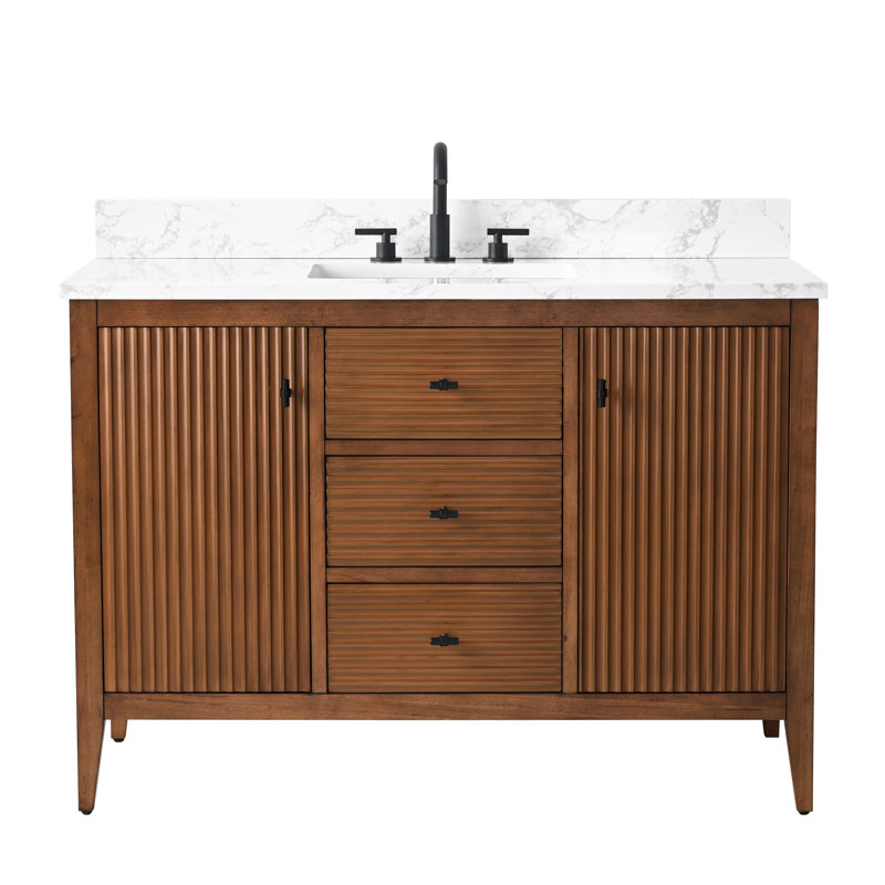 Meuble-lavabo simple 48 po avec plateau en marbre, Noyer linéaire, Noir mat