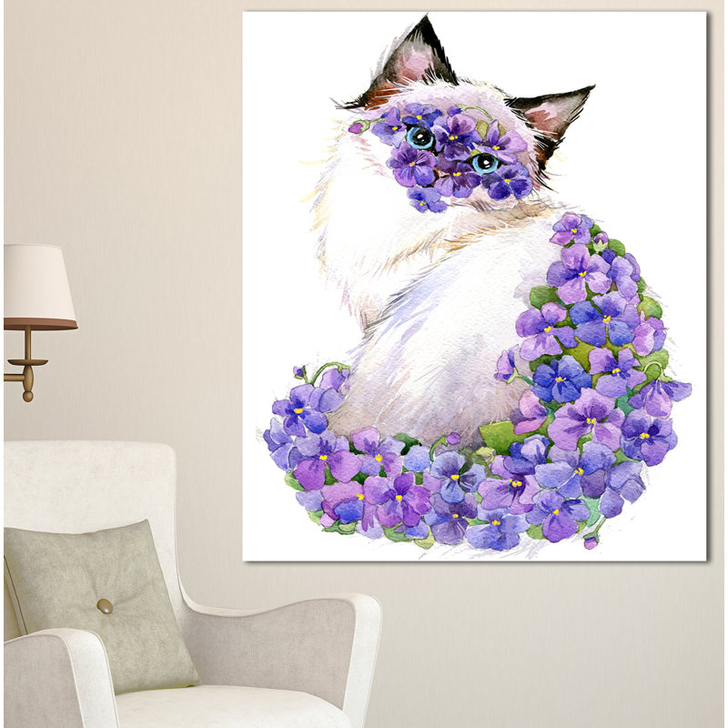«Cute Cat with Blue Flowers», reproduction d'art sur toile tendue, H 60 po x l 28 po x P 1,5 po, Toile tendue