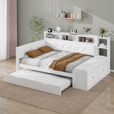 Full Size Daybed With Trundle And Storage Drawer, L-Shaped Wood Day Corner Unit Bed With Upholstered Bench And Bookcase Headboard
