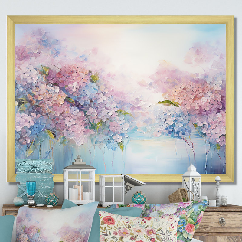 Hortensia bleue et rose Solitude dans la nature - décoration murale champ de fleurs, H 24 po x l 32 po x P 1 po