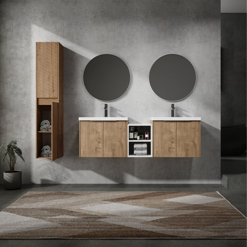 Meuble-lavabo de salle de bain - 60 po, lavabo et armoire latérale, poignées rouillées, vaste espace moderne avec armoire, portes silencieuses