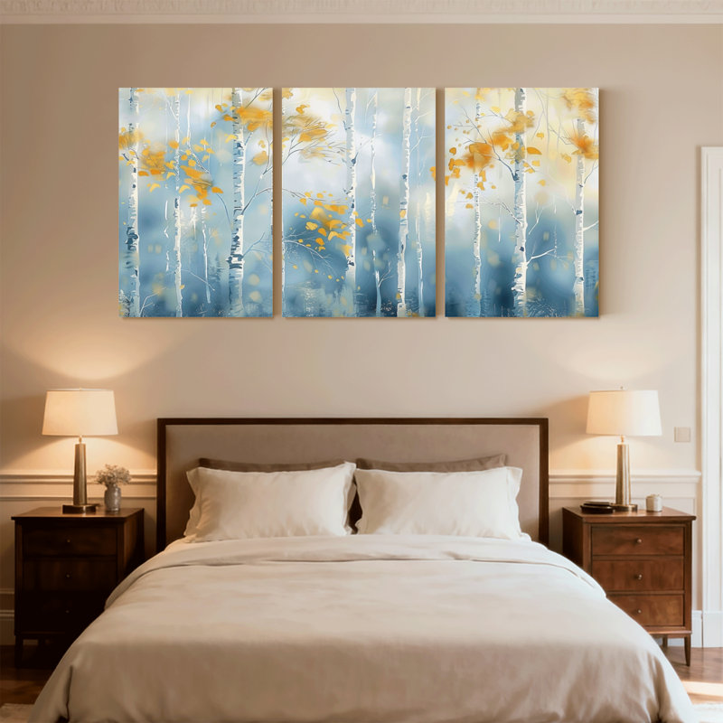 «Landscape & Nature Birch Trees Autumn Leaves Blue Sky», ensemble de 3 impressions sur toile, H 18 po x l 36 po