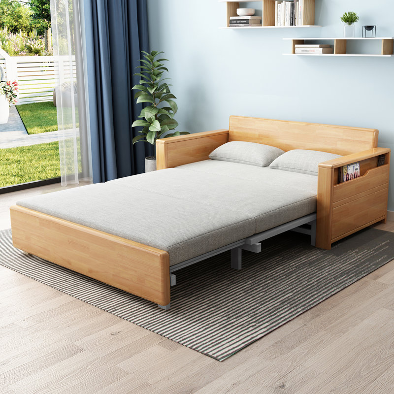 Canapé-lit convertible de 59 po avec rangement, canapé-lit modulaire à coussin souple gris avec méridienne réversible, canapé en bois massif de couleur bûche 3-en-1 pour salon, appartement, chambre à coucher, bureau
