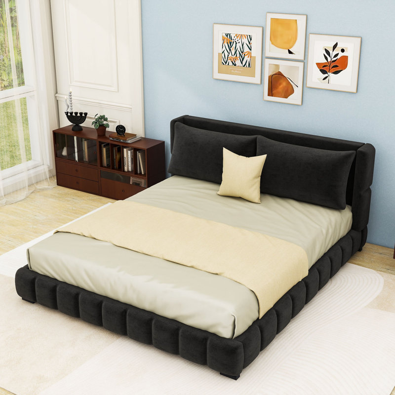 Lit plateforme tapissier avec 2 coussins, Noir, Très grand lit