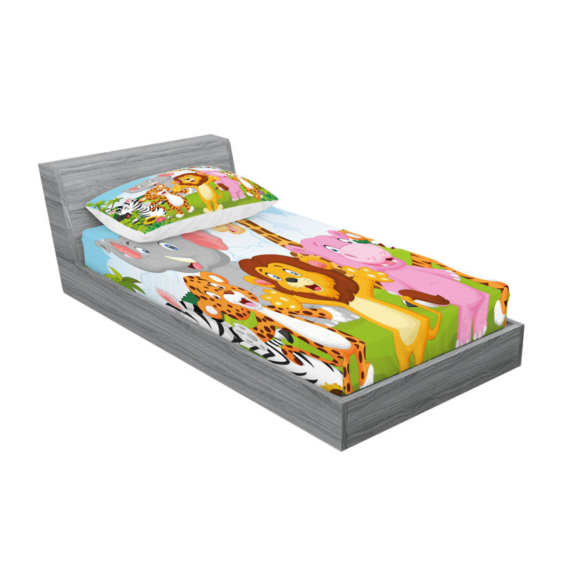 Ambesonne Cartoon Fitted Sheet & Pillow Sham Multicolor, Twin Sheet Set + 3 Additional Pieces