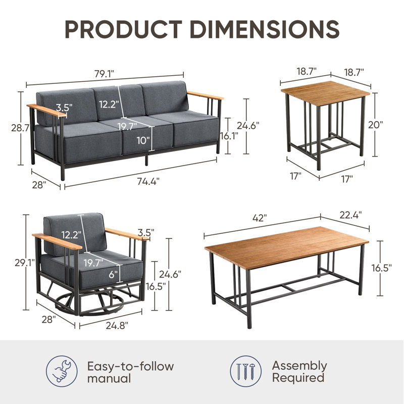Coan Archlebov 5 Person Outdoor Patio Conversation Set Seating Group With Table And Swivel Chairs, Gray Cushion/Black Frame
