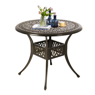 Cast Aluminum Patio Dining Table With Umbrella Hole For Outdoor Use, Bistro Table For Patio, Garden, Backyard (35" Round Table)