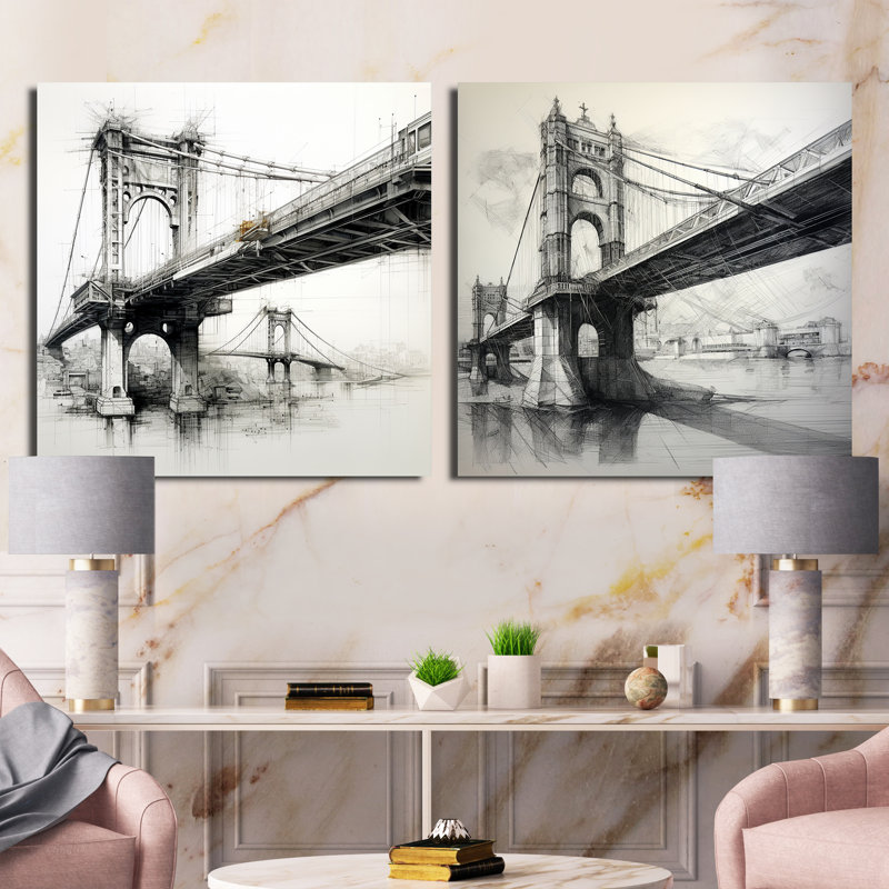 Dessin d'analyse d'un pont - ensemble de 2 collages carrés, Toile tendue, H 30 po x l 61 po