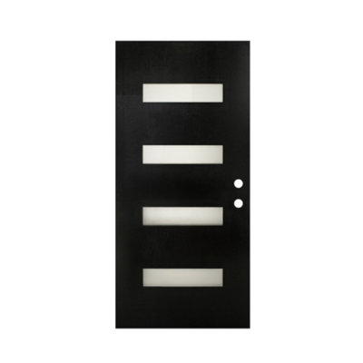 Porte d'entrée en fibre de verre noire 91,4 cm x 203,2 cm, texture imitation bois, 4 carreaux de verre dépoli à faible émissivité, kit de porte démontable, ouverture vers l'intérieur à gauche, panneau de porte seulement