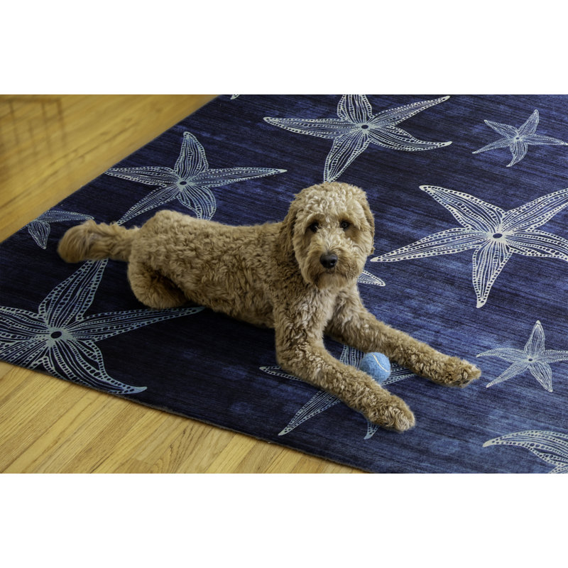 Kivett Blue Indoor Outdoor Machine Washable Rug, Rectangle 7' x 9'