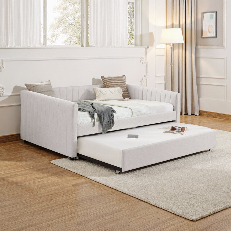 Beige Linen Full Size Daybed with Trundle Upholstered Sofa Bed, Vertical Stripes | 82.5"x58"x30" | Easy Assembly for Bedroom or Living Space
