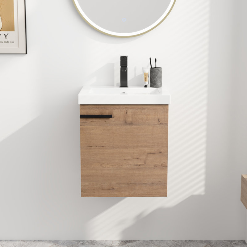 Coryna 18" Wall Mounted Single Bathroom Vanity Set with Ceramic Top without Faucet, 23.02" H x 18" W x 15.22" D,  Light Brown