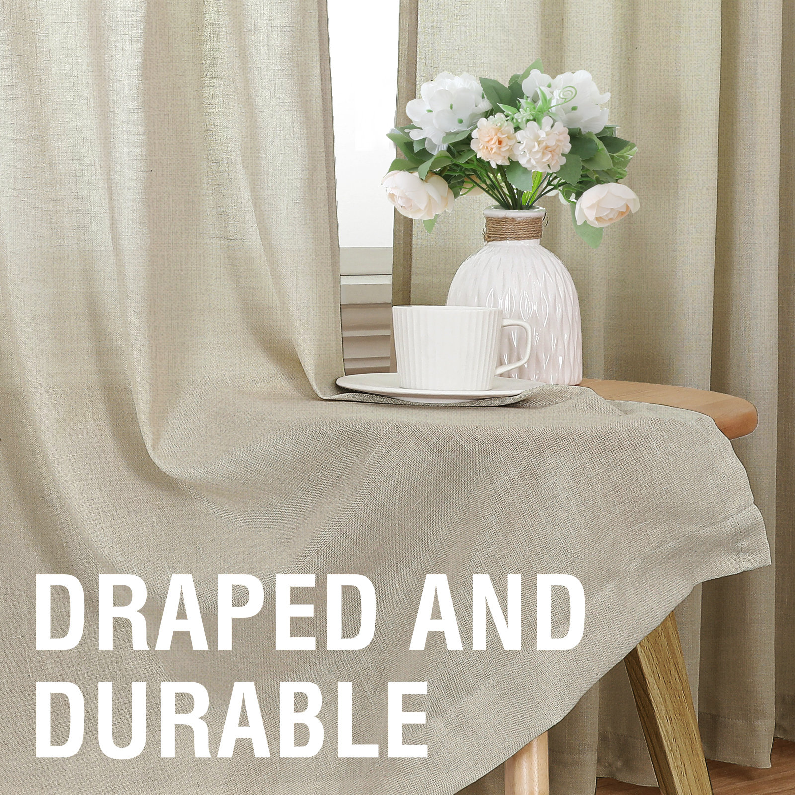 Linen Curtains for Living Room 2 Panels Back Tab Loop Pocket Textured Light Filtering Semi Sheer Rustic Farmhouse Boho Curtain for Bedroom