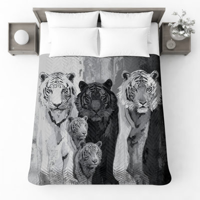 Monochrome Tiger Family Quilted Bedspread All Sizes