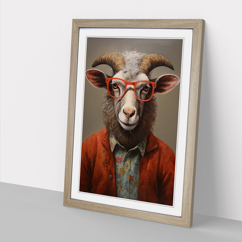 Ram Sheep With Glasses Painting - Single Picture Frame Print on Wood, Oak Framed, 64cm H x 46cm W x 2cm D