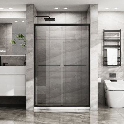 Shower Door 48 In. W X 72 H - Double Sliding, Clear Tempered Glass, Matte Black, Stainless Steel Gadgets Enclosure With Sliding H, Lines