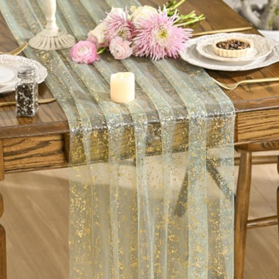 10PCS Sage Green Gold Gauze Table Runner 120 Inch 10FT, Glitter Metallic Foil Sheer Dining Wedding Anniversary Holiday Birthday Table Decor for Home Party